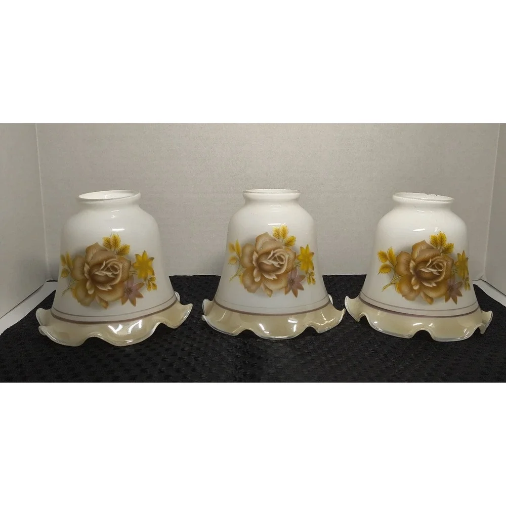 3 Chandelier Lustre Milk Glass‎ Replacement Lamp Shade Tan Brown Rose Floral